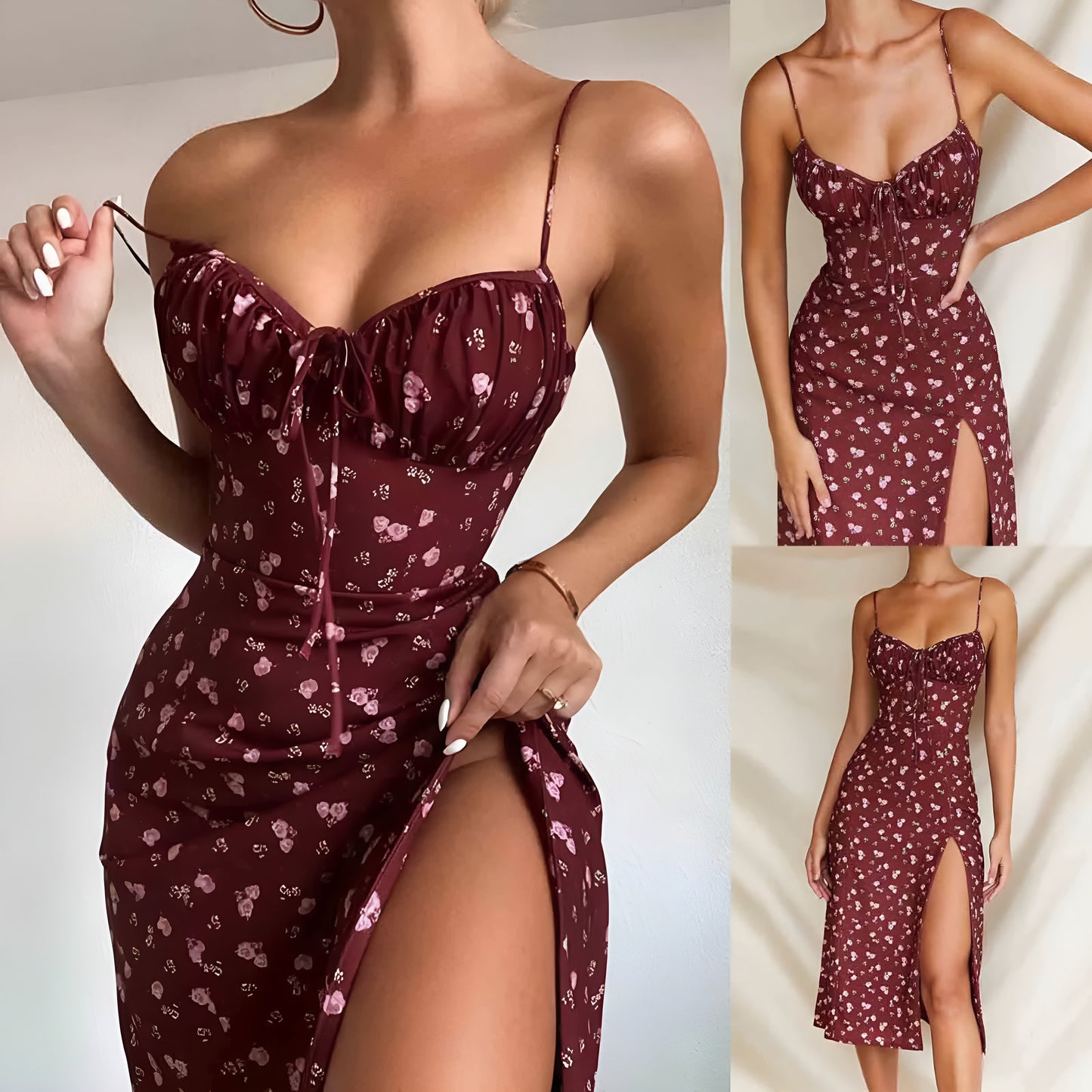 Langes Kleid mit floraler Musterschnürung und Schlitz
